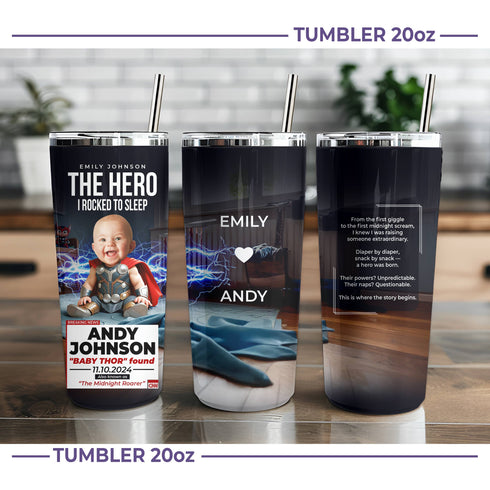 Personalized "The Hero I Rocked to Sleep" Baby Thor Tumbler – Custom Name, Date & Message